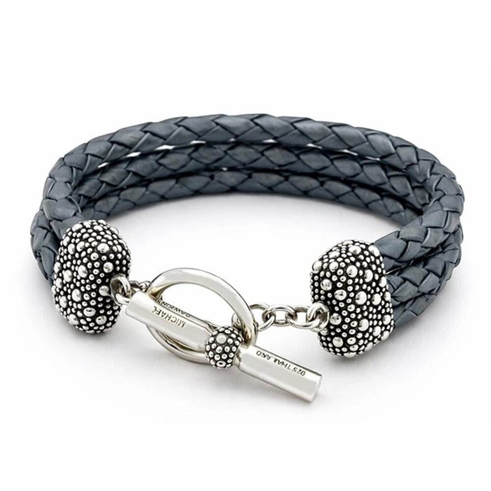 Michael Dawkins Solid .925 Sterling Silver & Leather Bracelet